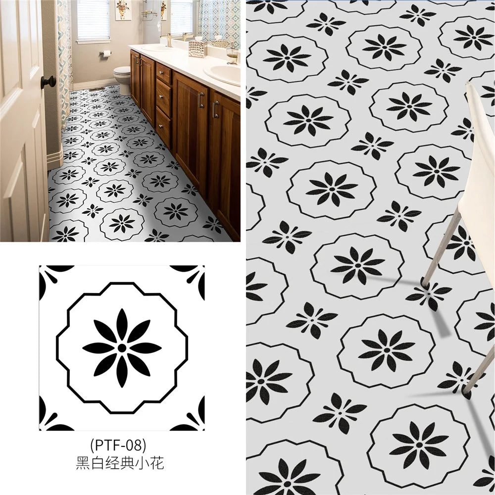 Black And White Mosaic Tiles Marble Texture Floor Sticker Kitchen Floor Renovation Decorative Stickers Self-adhesive Wallpaper