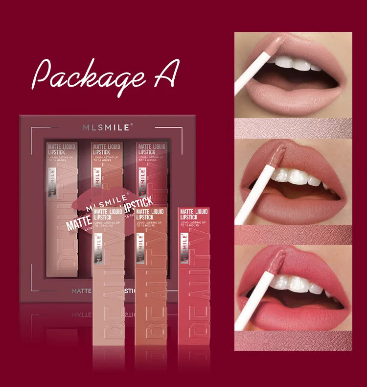 3-Color Matte Lipstick Set - Long-lasting, Smudge-proof, Waterproof