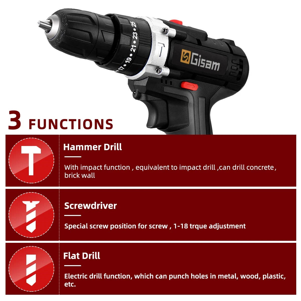 21V Cordless Drill Electric Impact Drill Rechargeable Electric Screwdriver Lithium-Ion Battery 2 Speed ​​DIY Driver Power Tools