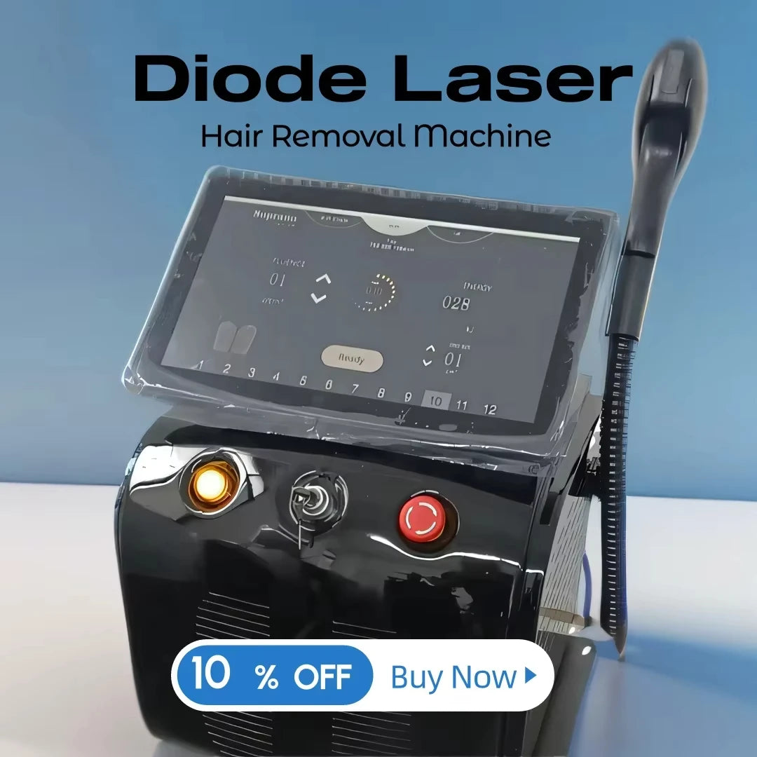 Máy laser diode đen với màn hình cảm ứng, nền xanh, nút vàng và đỏ, giảm giá 10%.