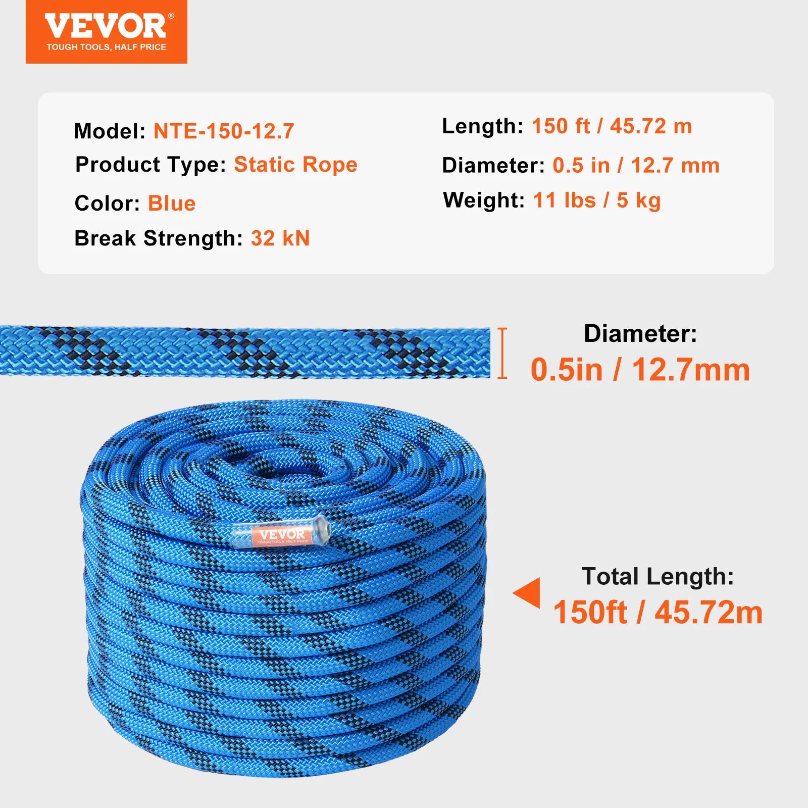 VEVOR 12.7mm Static Climbing Rope - 30KN Durable and Safe