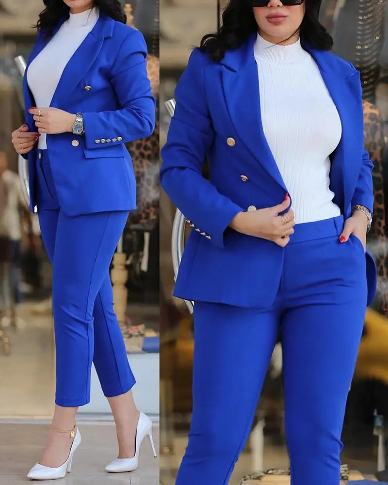 Office Lady Elegant Solid Two Piece Sets New Autumn Winter Women Fashion Lapel Long Sleeve Blazer & High Waist Work Pants Suit - Daisan Mart