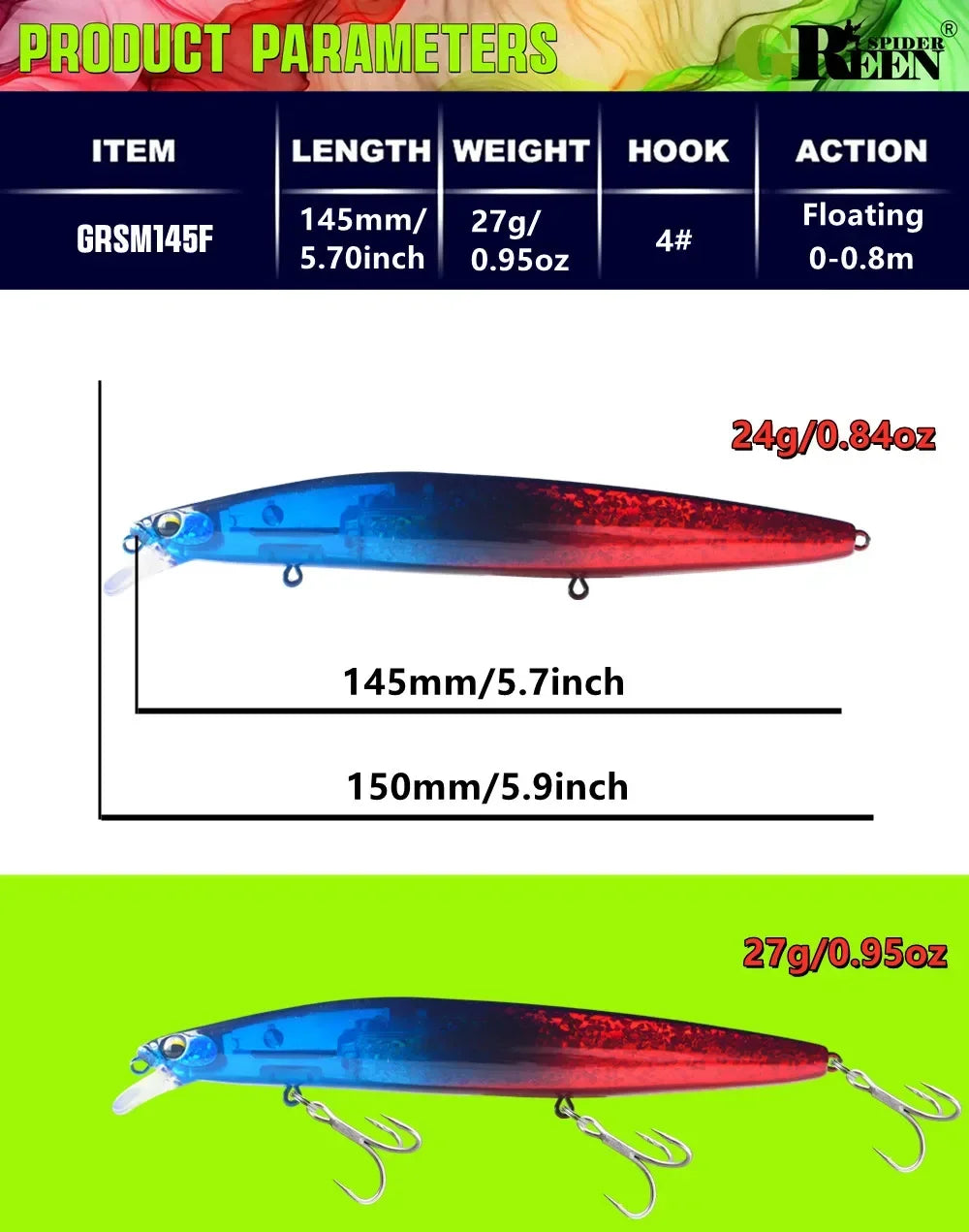 GREENSPIDER New UV 145mm/27g Floating Minnow Long Casting Hard Bait Flash Blade Wobbler Fishing Lure Sea Bass Lure