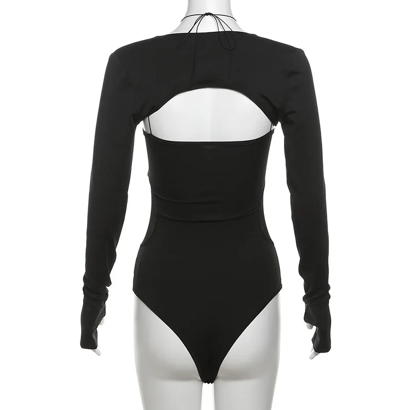 Goth Dark Cyber ​​Y2K Techwear Mall Gothic Hollow Out Straps Skinny Bodysuits With Long Sleeve Crop Shrug Tops Women 2 Piece Sets