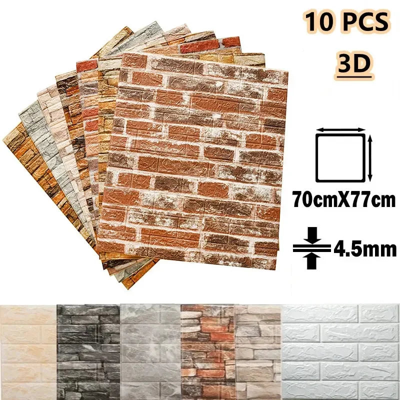 10 tấm dán tường 3D giả gạch màu nâu đỏ, kích thước 70x77cm, dày 4.5mm.