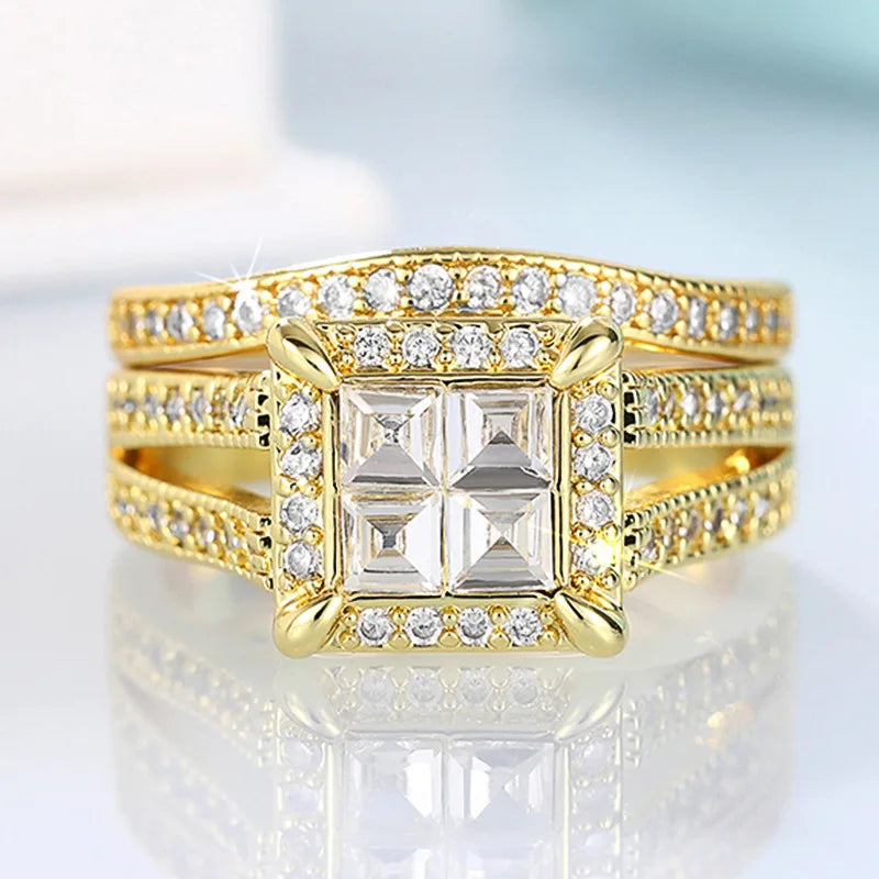 High-end Square Gold Ring with Stones, European and American Style