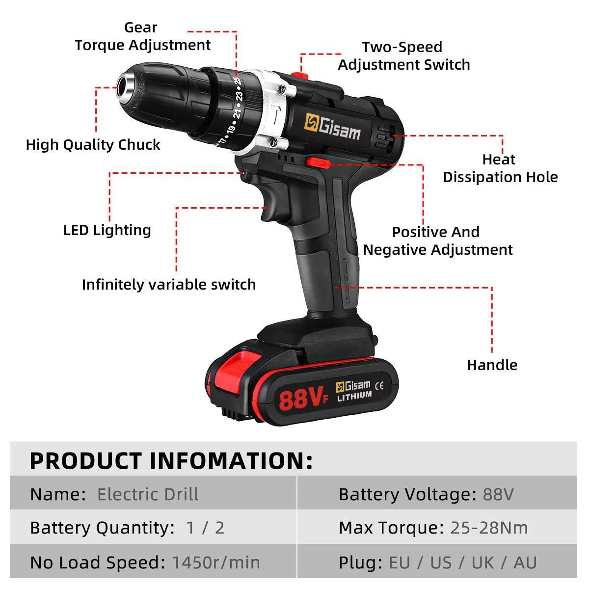 21V Cordless Drill Electric Impact Drill Rechargeable Electric Screwdriver Lithium-Ion Battery 2 Speed ​​DIY Driver Power Tools