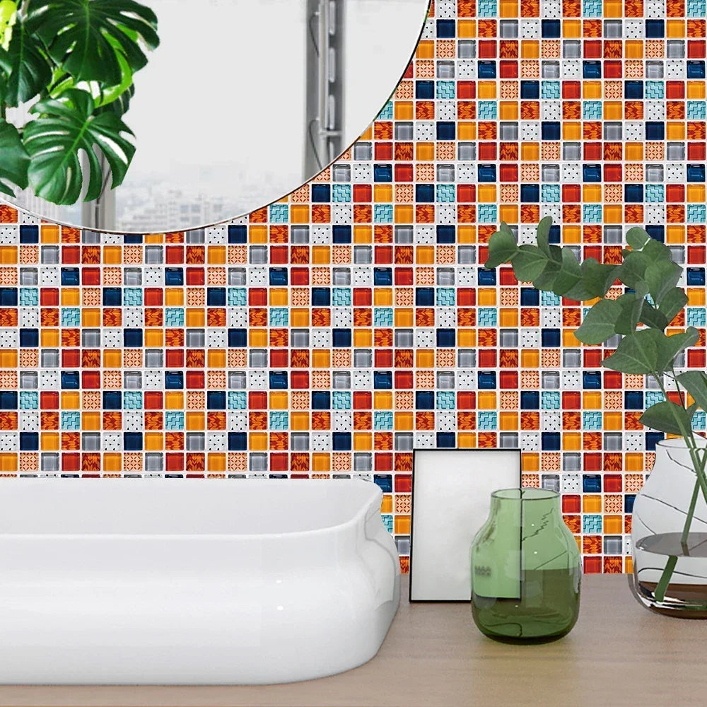 Colorful Marble Mosaic Wall Panels, 10PCS 10/15/20/30cm PVC Tiles, Peel &amp; Stick Oil-Proof Kitchen Wardrobe Art, Modern Home