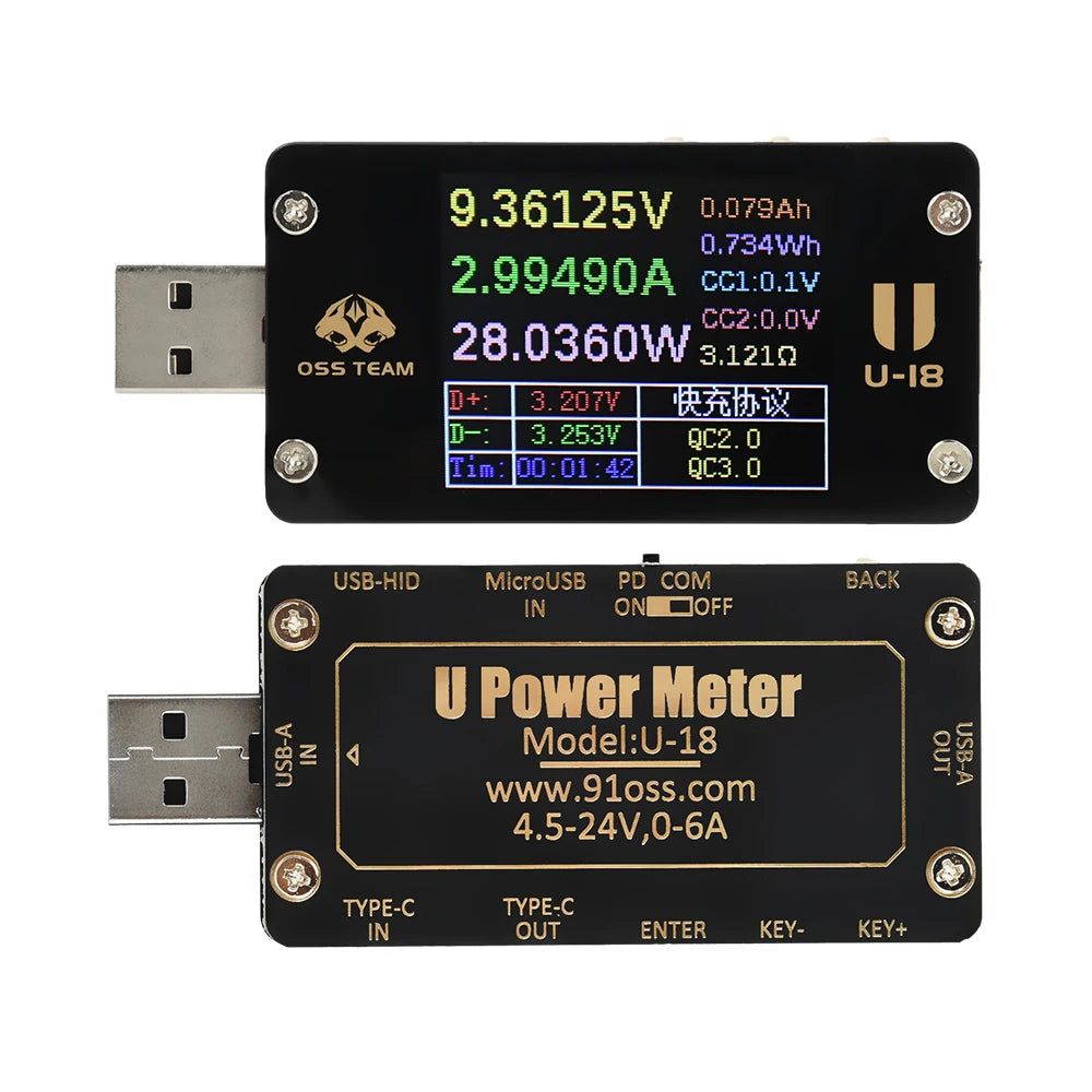 Multi-function USB Voltage Meter - 1.77 inch Screen