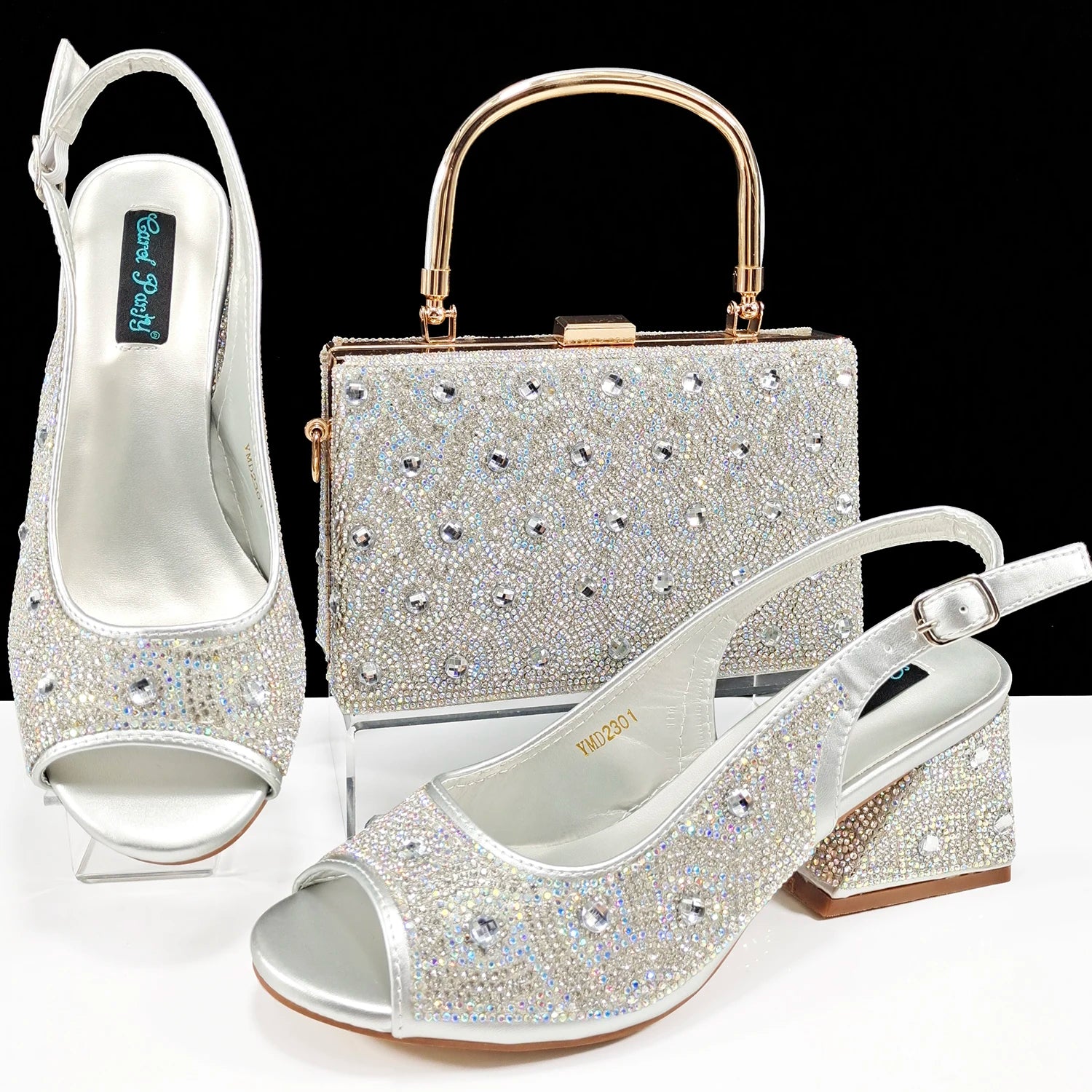 2024 Rhinestone Shoes and Bag Set - Trendy Green