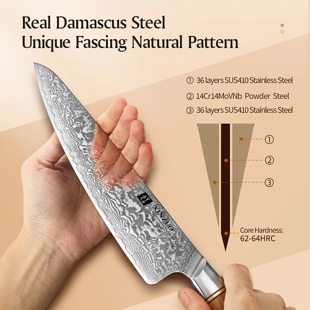 XINZUO 1PC-3PCS Damascus Japanese VG10 Steel Chef Knife Santoku Knife Utility Knife Olive Wood Handle with Copper Flower Nails - Daisan Mart