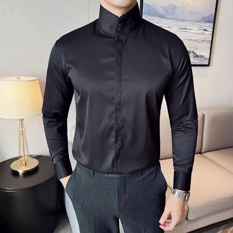 Korean Spring and Autumn High Collar Slim Fit Men's Shirt