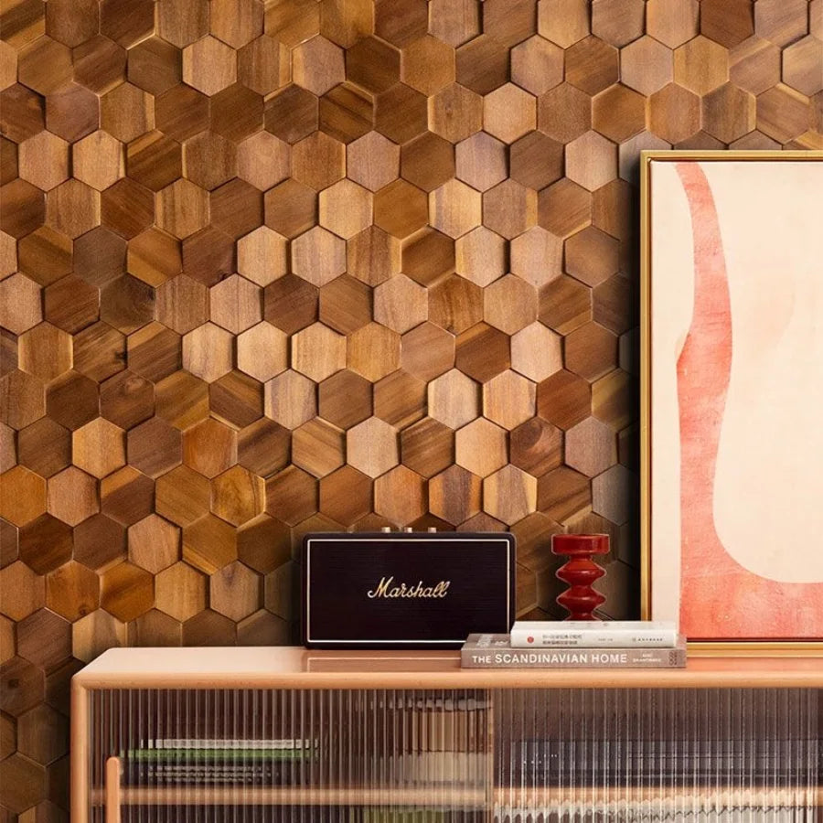 Walnut Wood Mosaic Tile Wall Sticker for TV Background Art Wall Decoration Modern 3D Wood Hexagon Wooden Panel Wall Panel