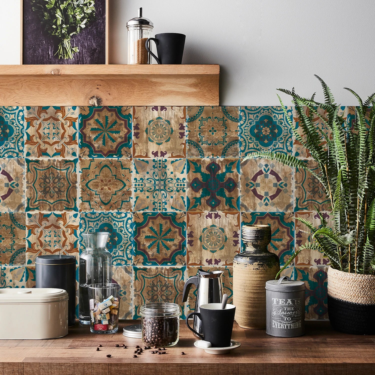 24 Pieces of Moroccan Style PVC Waterproof Self-Adhesive Wall Stickers, Peel and Stick on Living Room and Bedroom Tile Stickers