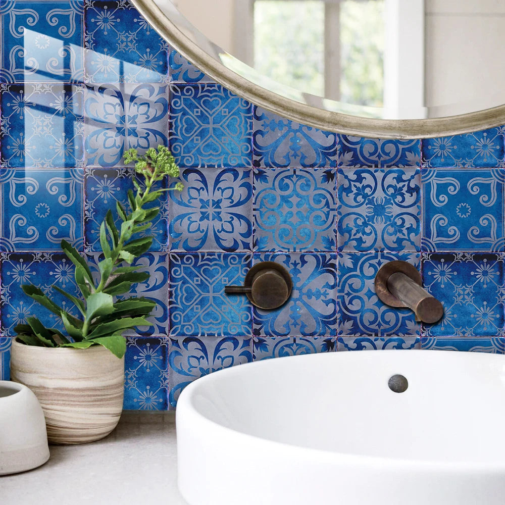 10pcs/set Dream Blue Tile Sticker Kitchen Backsplash Oil-proof Bathroom Waterproof Home Decor Wall Decals Peel &amp; Stick Art Mural