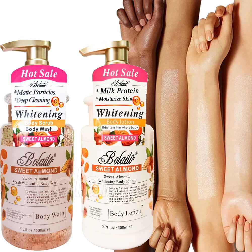 500ml Almond Whitening Body Lotion &amp; Scrub Body Wash Exfoliating Moisturizing Whitening Skin Lightening Increase Skin Radiance