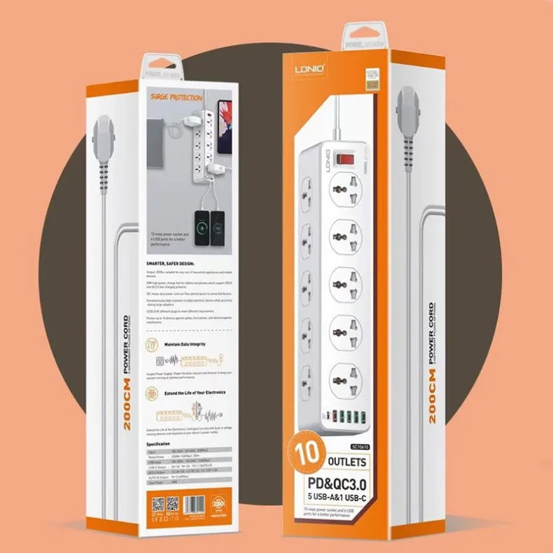 Ổ Cắm Đa Năng 10 Lỗ 4 USB 1 Cổng Sạc Nhanh Type C