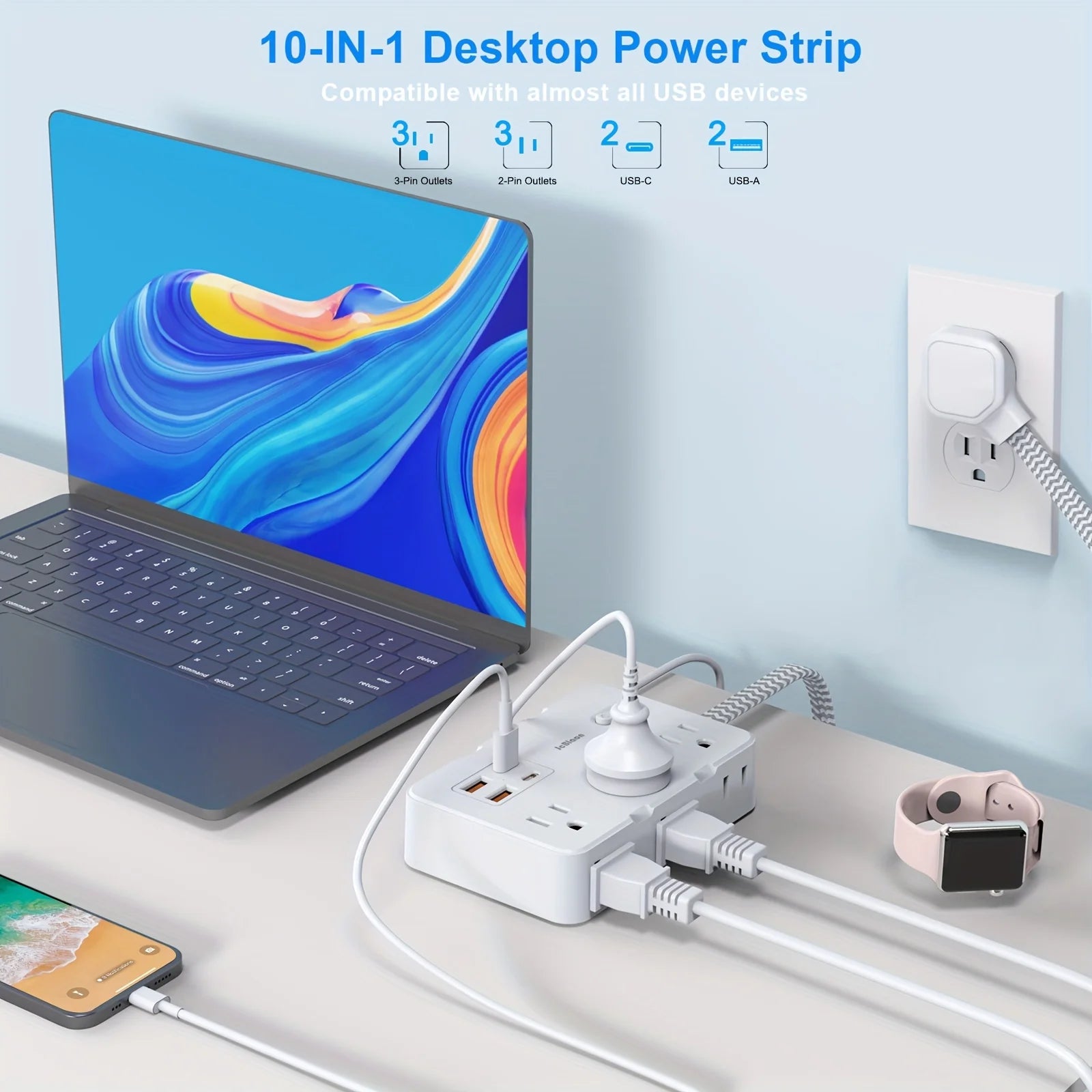 Multi-function Smart Power Outlet with USB Type-C, Braided Cord