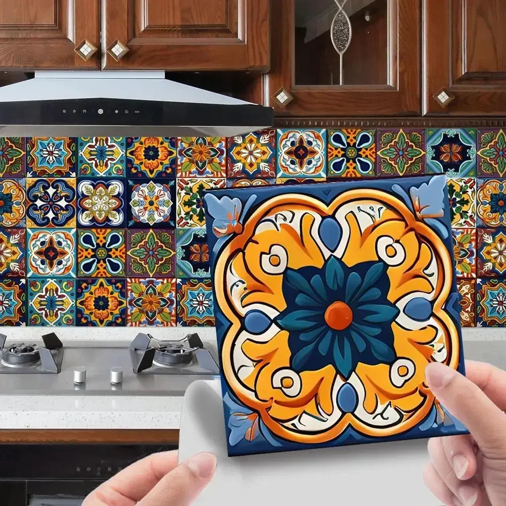 24pcs Morocco Style Colorful Retro Tiles Wall Sticker Kitchen Bathroom Tile Waist Line Wallpaper PVC Waterproof Art Mural