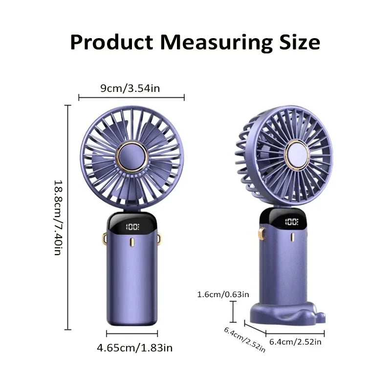 Handheld Mini Fan Foldable Portable Neck Hanging Fans 5 Speed ​​USB Rechargeable Fan with Phone Stand and Display Screen 1800mAh