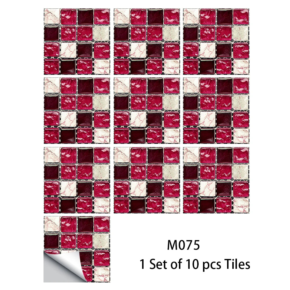 10pcs Flat Mosaic Style Tiles Sticker Kitchen Bathroom Waterproof &amp; Oilproof Art Wall Sticker Peel &amp; Stick Surface Glossy Film