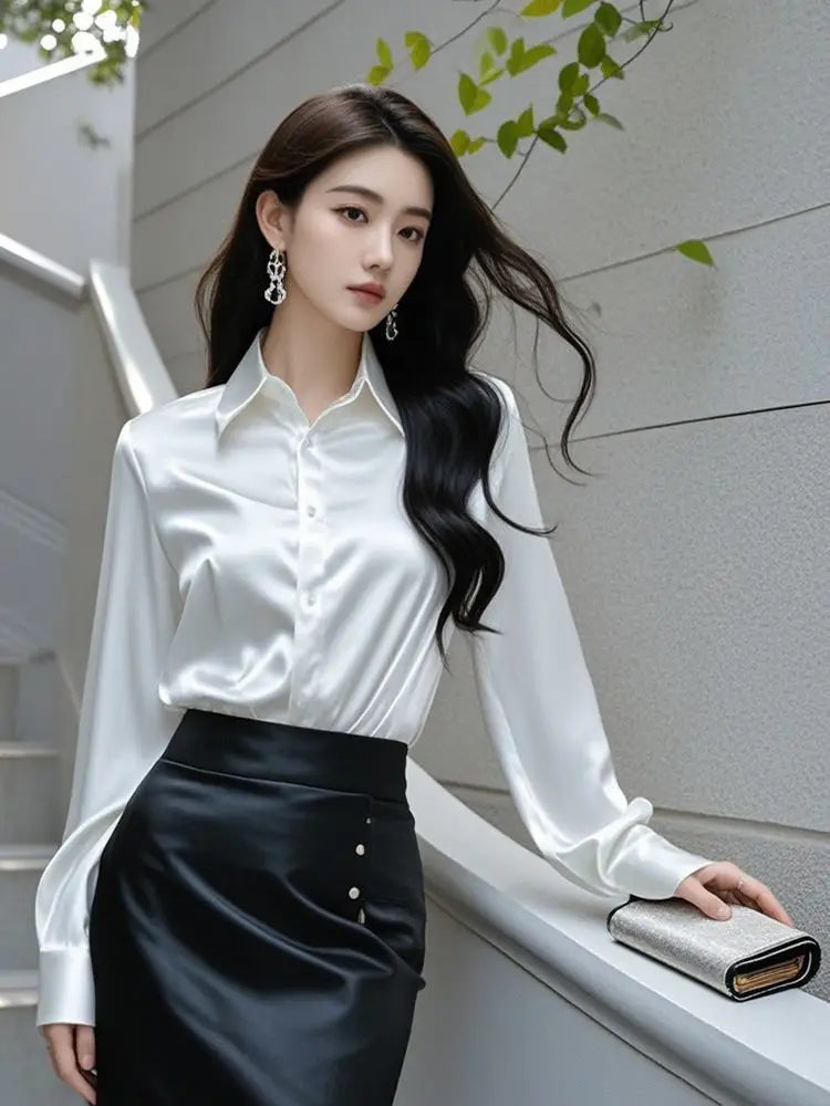 Áo Sơ Mi Lụa Công Sở Nữ Hàn Quốc Dáng Ôm Dài Tay - Daisan Mart