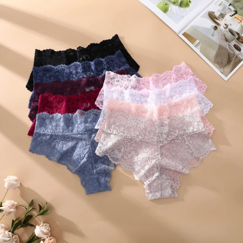5PCS Women's Sexy Lace Star High Waist Thongs Solid Color Hollow Out Transparents Underwear Female Perspective G-strings S-XXL