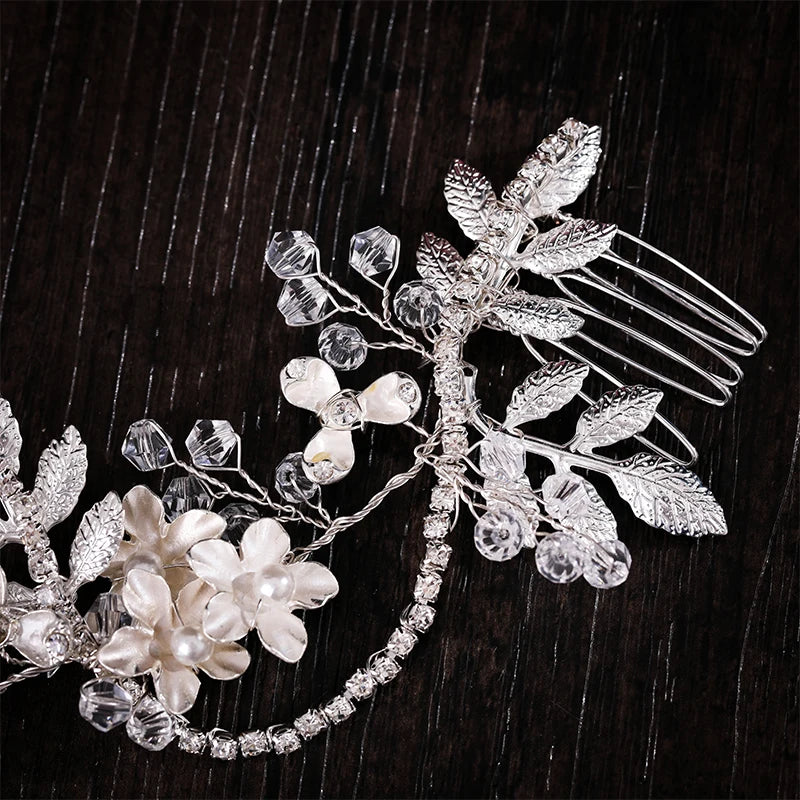 Băng Tóc Cưới Ngọc Trai Pha Lê Hoa Lá Nữ Tính