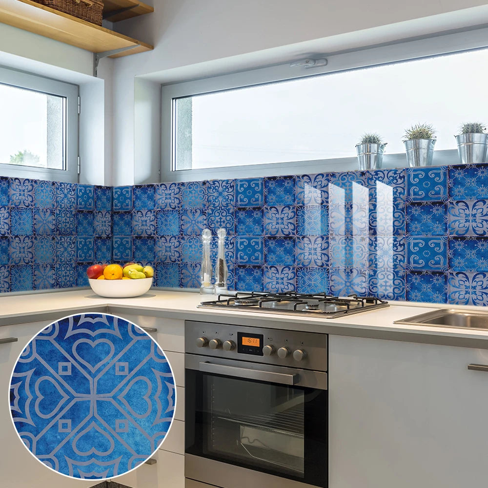 10pcs/set Dream Blue Tile Sticker Kitchen Backsplash Oil-proof Bathroom Waterproof Home Decor Wall Decals Peel &amp; Stick Art Mural