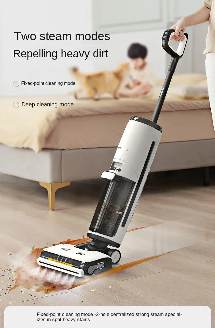 Máy hút bụi đứng màu trắng đen đang lau sàn gỗ, có chế độ làm sạch sâu và điểm cố định.