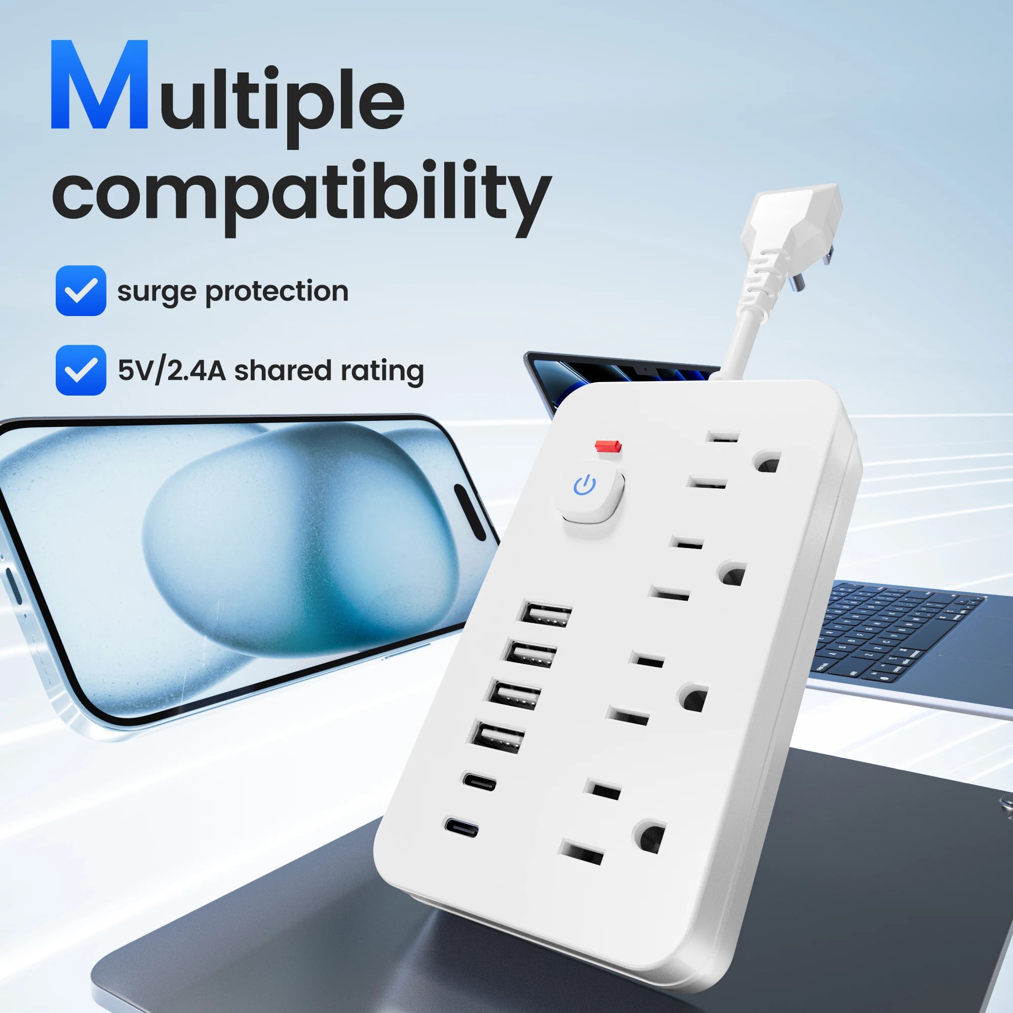 Ổ Điện 10in1 Đa Năng, 4 USB-C, Chống Sét, Bảo Vệ An Toàn