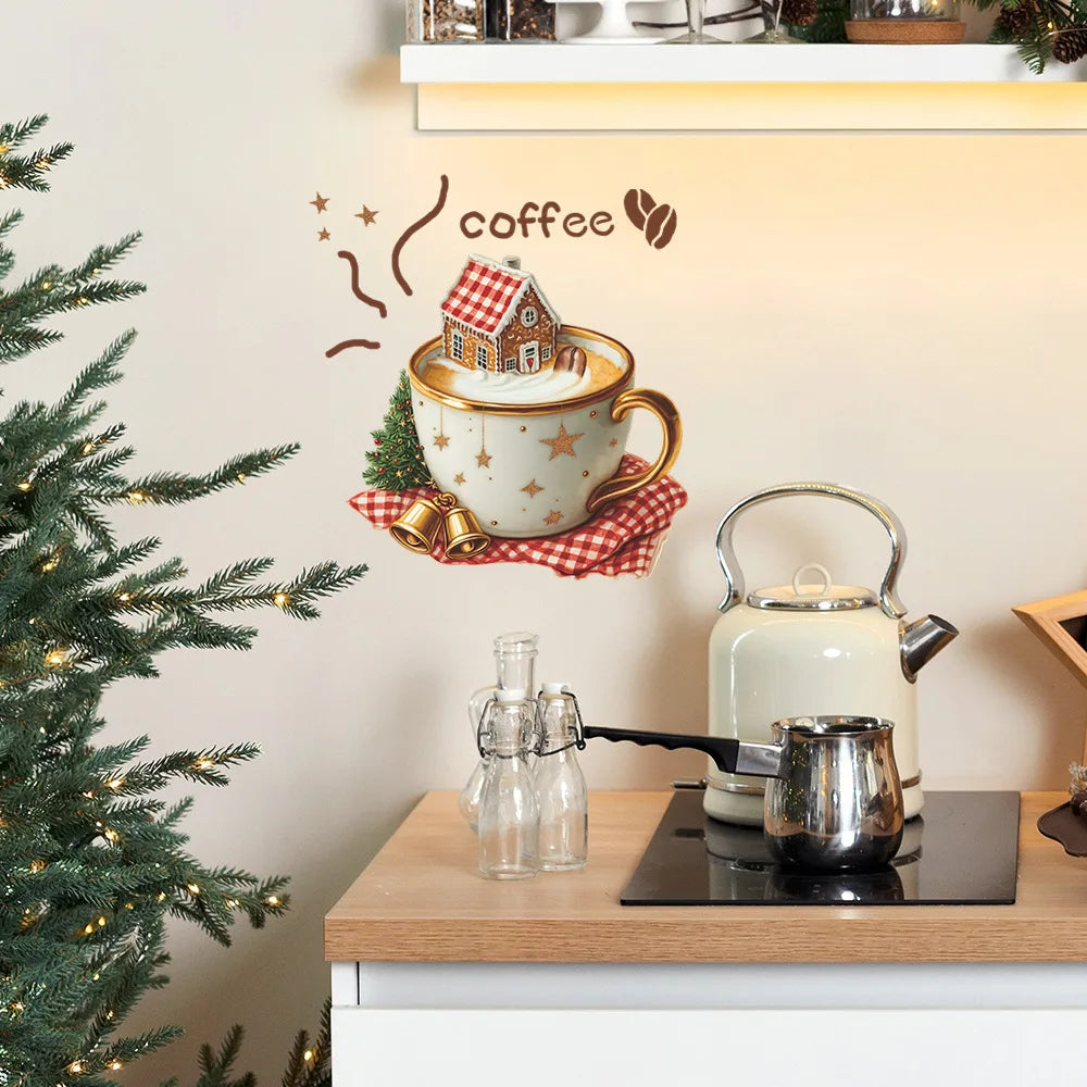 Christmas Coffee Cup Wall Stickers Living Room Restaurant Decoration Mural Cafe for Kitchen Home Decor Self-adhesive Wallpaper