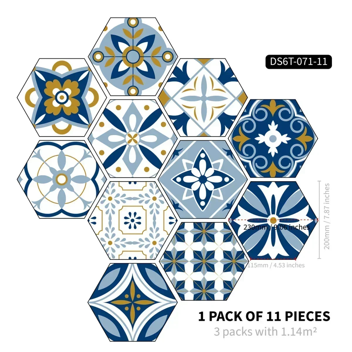22PCS Self-adhesive Moroccan Style Hexagonal Diagonal Floor Stickers Non-slip Waterproof Decals for Kitchen Bathroom Decoration