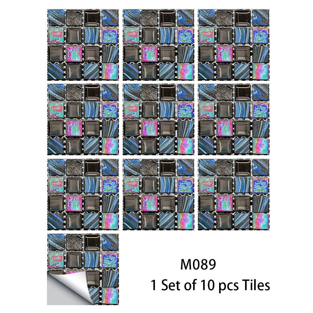 10pcs Flat Mosaic Style Tiles Sticker Kitchen Bathroom Waterproof &amp; Oilproof Art Wall Sticker Peel &amp; Stick Surface Glossy Film