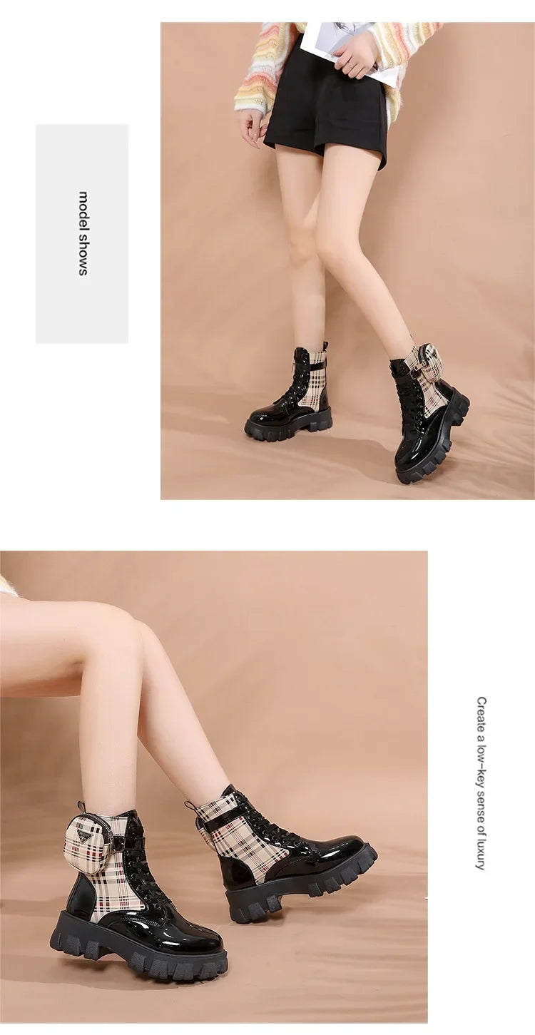 Women's Fashion Short Leather Boots with Thick Soles &amp; Zipper Pocket