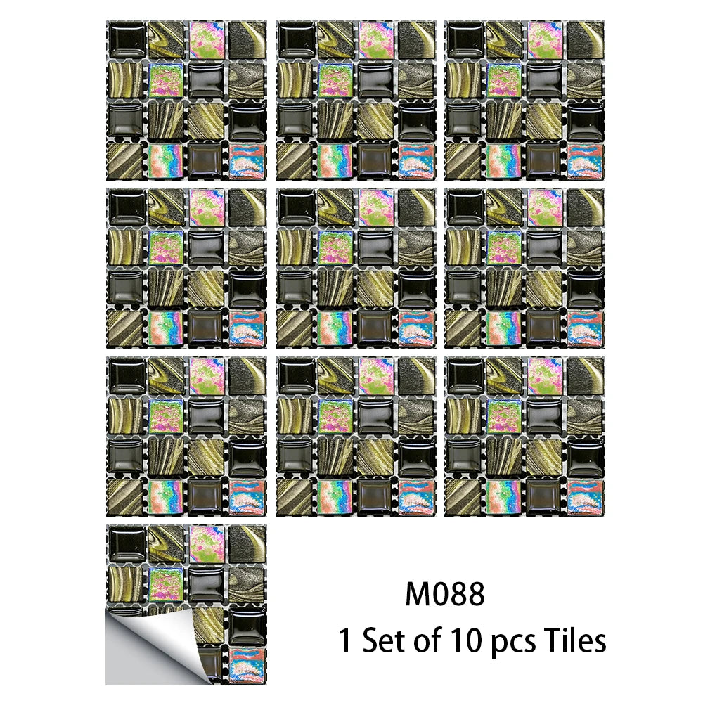 10pcs Flat Mosaic Style Tiles Sticker Kitchen Bathroom Waterproof &amp; Oilproof Art Wall Sticker Peel &amp; Stick Surface Glossy Film