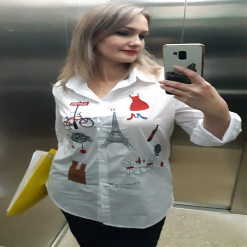 Áo Sơ Mi Thêu Cotton Tay Dài Nữ Công Sở Thu 5083