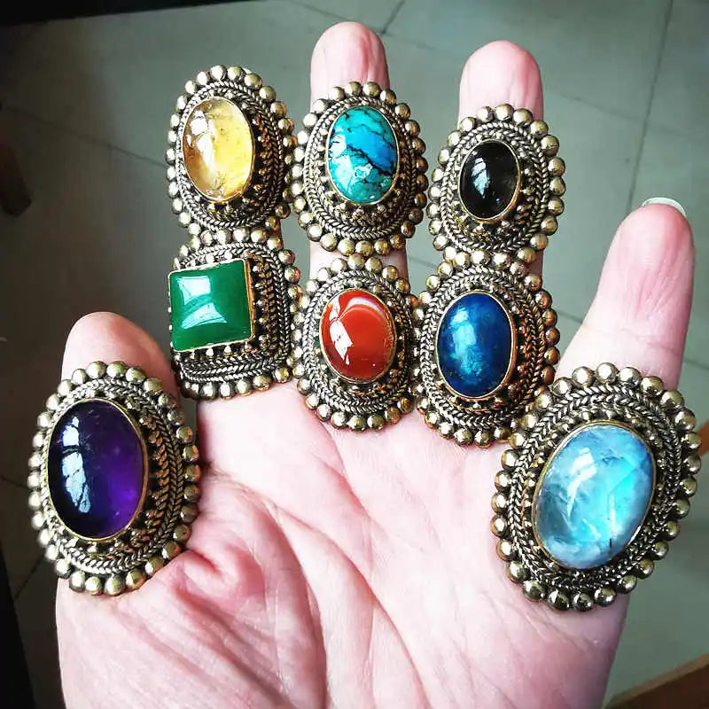 Large Oval Natural Stone Gold Plated Semi-Precious Stone Ring R230