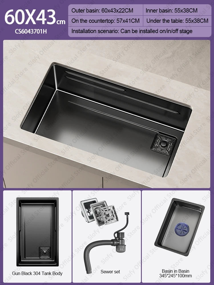 304 Stainless Steel Kitchen Sink Black Single Bowl Thickened Material Wear-Resistant Vegetable Workstation Drainage Accessories - Daisan Mart