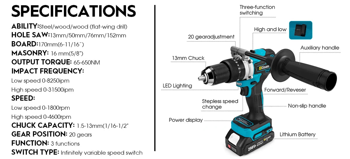 650NM 13MM Brushless Electric Drill 20+3 Torque Cordless Impact Drill Hammer Electric Screwdriver For Makita 18V Battery