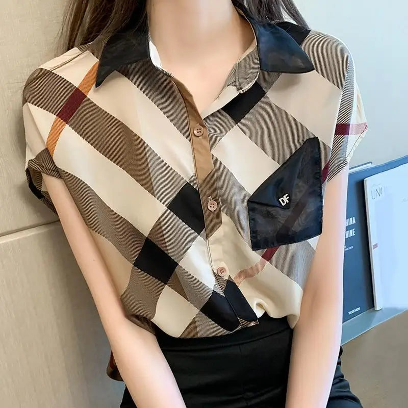 Office Wear Short Sleeve Chiffon Casual Pretty and Cheap Women's Blouses Korean Plaid Youth Woman Buttoned Shirts Trends Top Hot - Daisan Mart