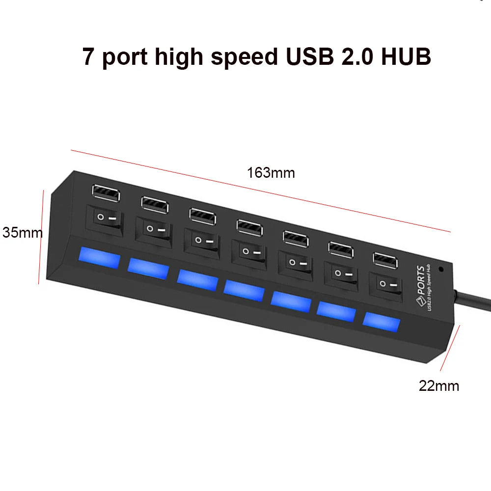 Hub USB 7 Cổng 2.0 Đa Năng với Công Tắc và Cáp Chuyển