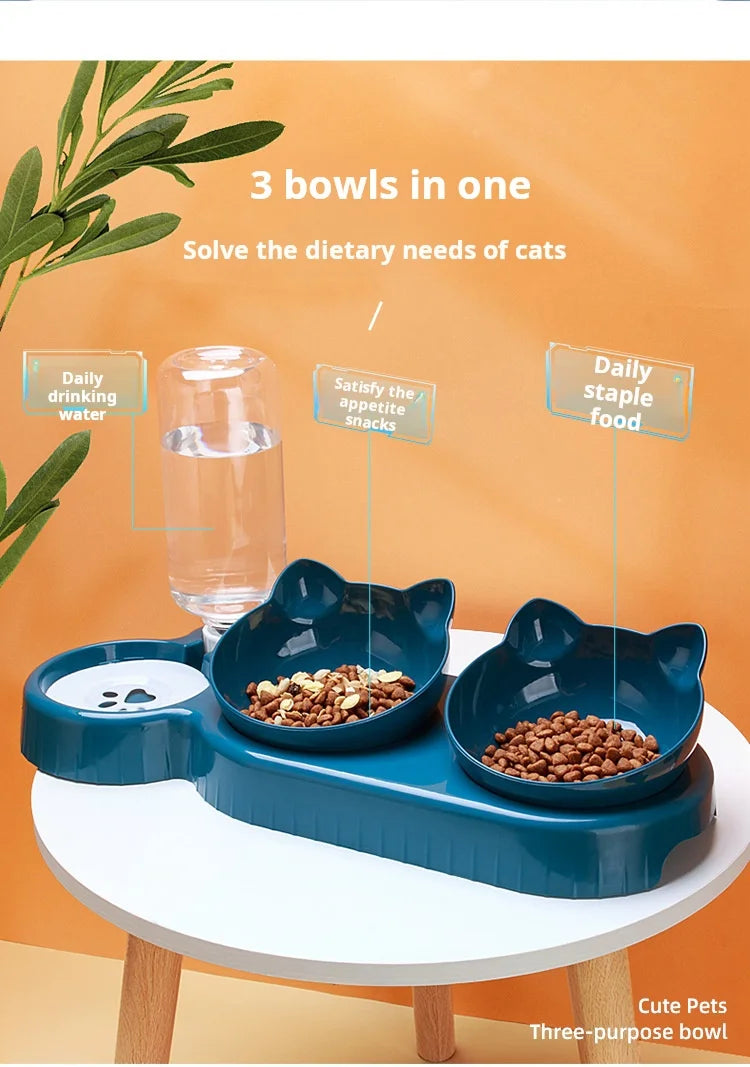 Pet Bowls With Water Feeder, 3 In 1 Ear Design Tilted Cat Water And Food Bowl Set With Gravity Water Bottle For Neck Protection - Daisan Mart