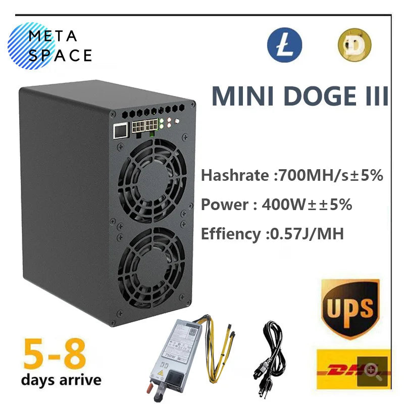 Máy đào Mini Doge III màu đen với hai quạt, thông số kỹ thuật và logo tiền điện tử.
