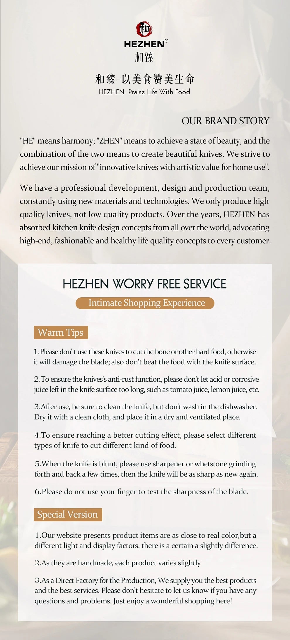 Bộ Dao Bếp HEZHEN 1/5PC - Lưỡi Thép, Cán Gỗ Đỏ