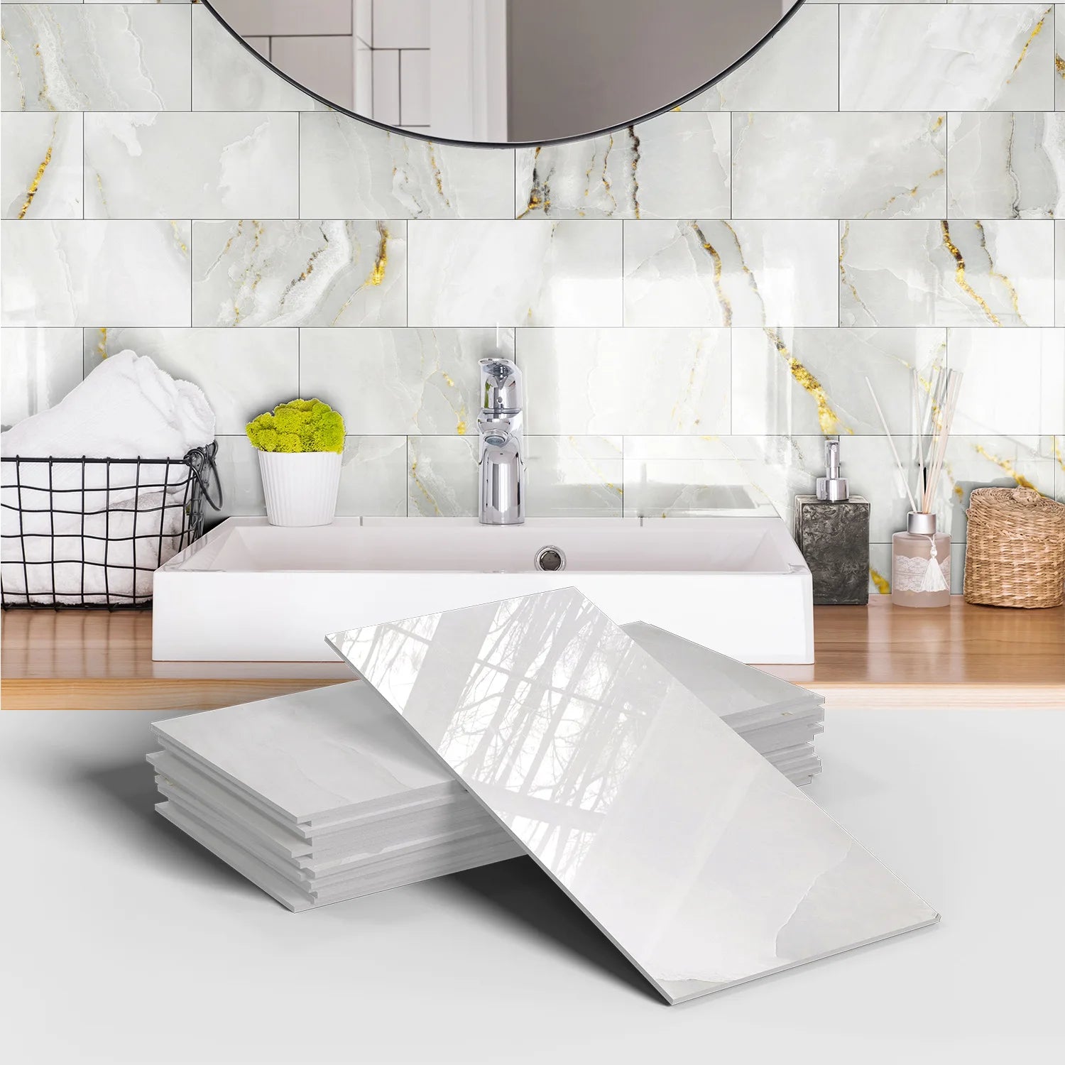 Set of 16 Waterproof Stone Pattern Foam Wall Stickers for Kitchen