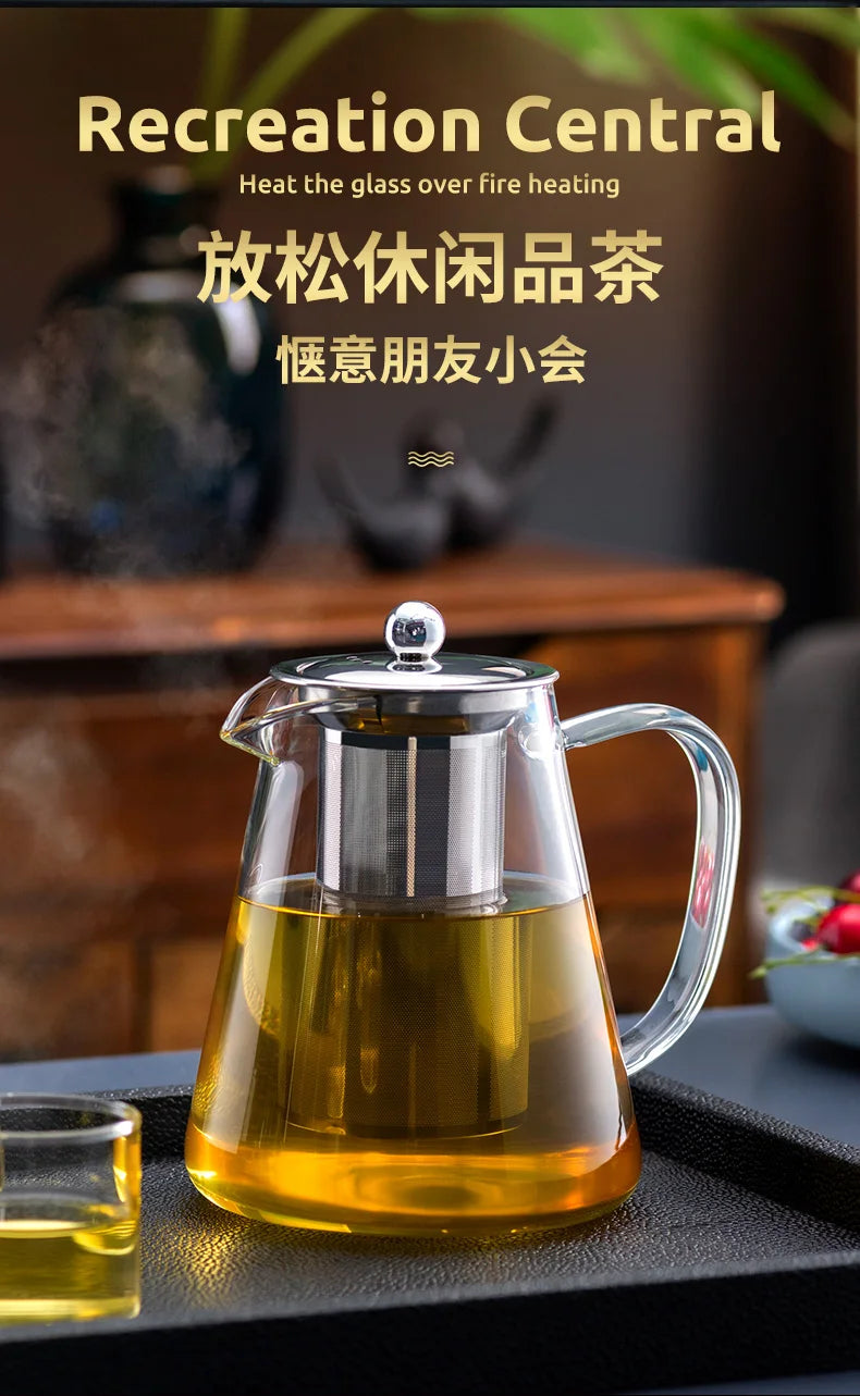 HMLOVE Heat Resistant Glass Teapot With Stainless Steel Tea Strainer Infuser Flower Kettle Kung Fu Teawear Set Puer Oolong Pot