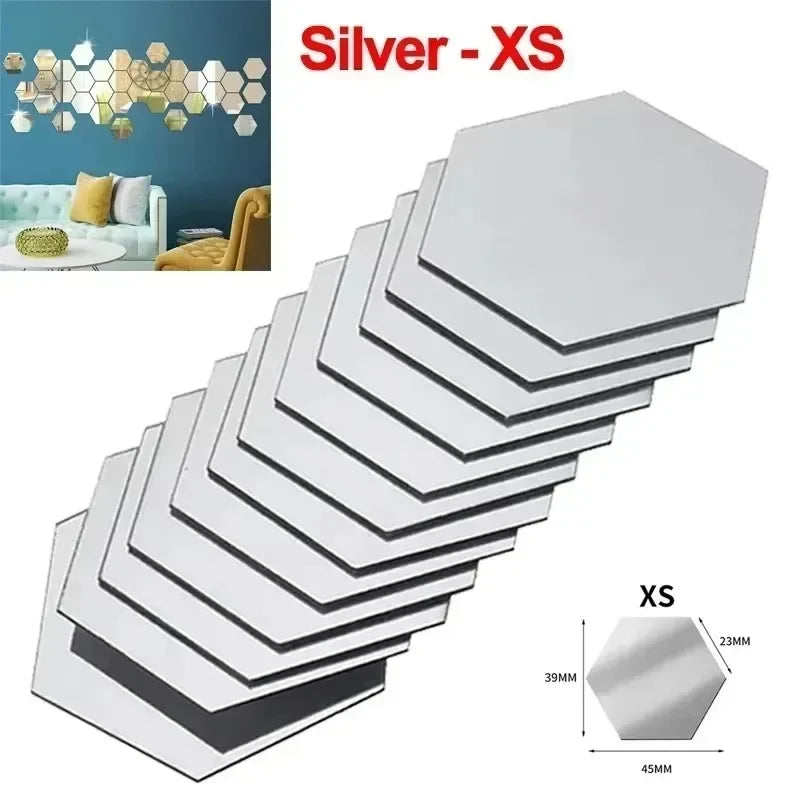 120/6pcs 3D Mirror Wall Sticker Hexagon Acrylic Self Adhesive Mirror Stickers Art Wall Decal Mosaic Tiles DIY Home Bedroom Decor