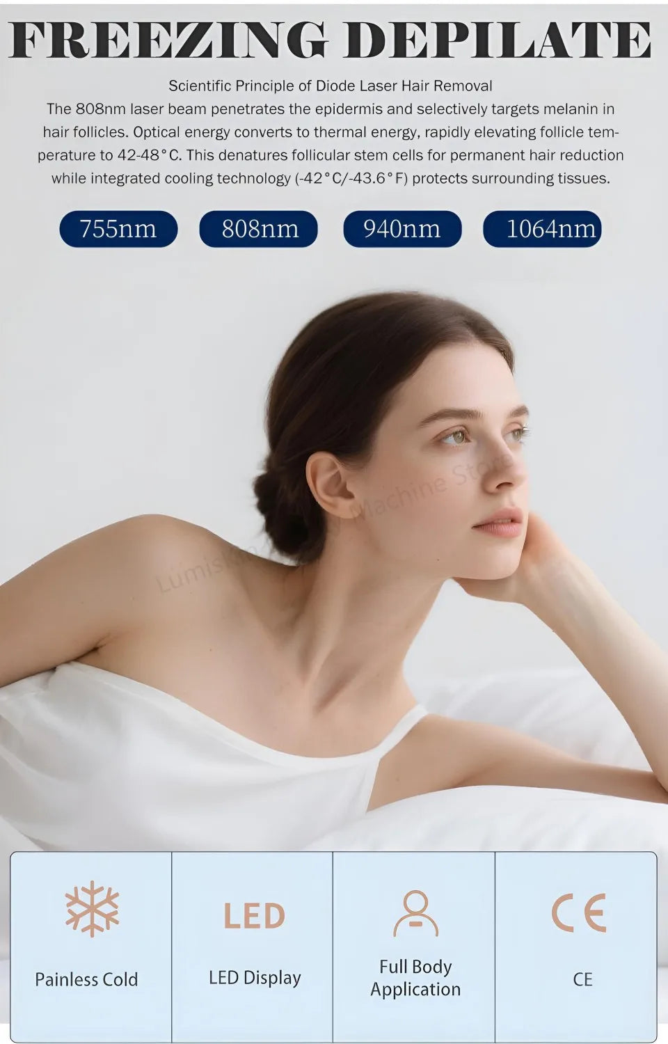 Painless Diode Laser Hair Removal Machine 755nm/808nm/940nm/1064nm 600W-1600W 60M Shots CE Certified For All Skin Types I-VI - Daisan Mart