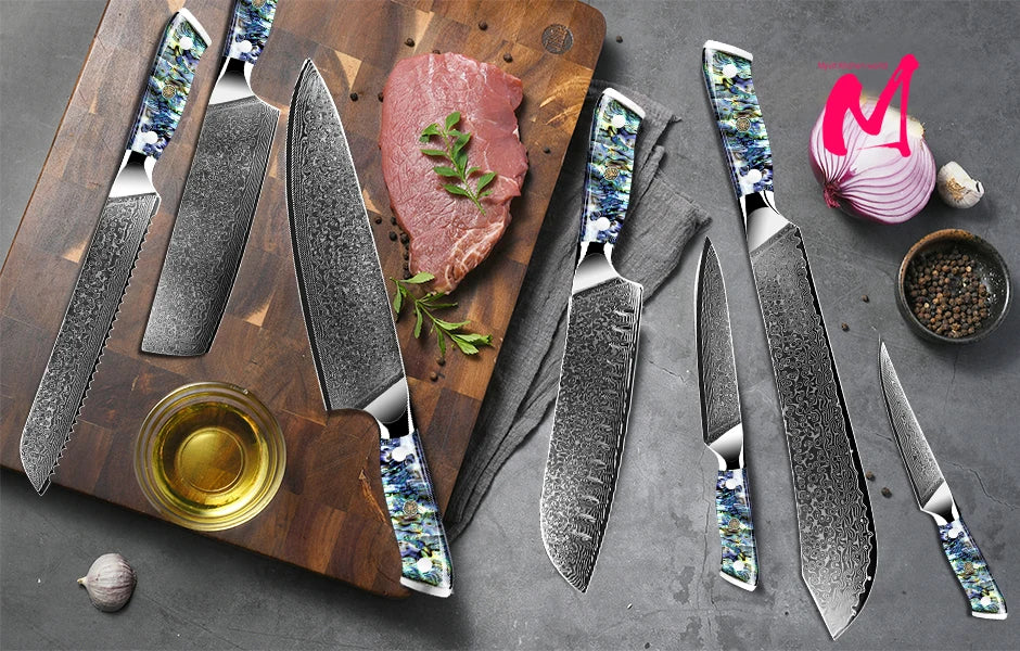 Dao Bếp Damascus VG10 67 Lớp Tay Cầm Vỏ Bào Ngư